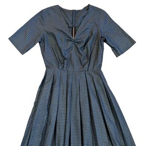 Vintage 50s/60s blue & black plaid pleated fit & flare dress preppy retro